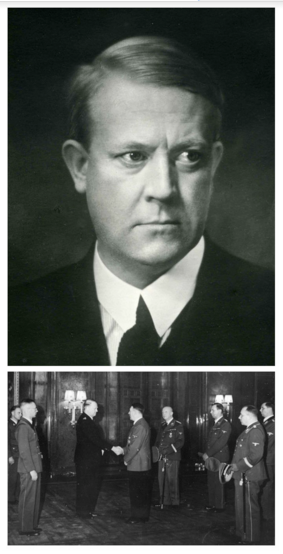 奎斯林（上）1942年於柏林面見希特勒。圖片來源：挪威國家檔案館、維基百科