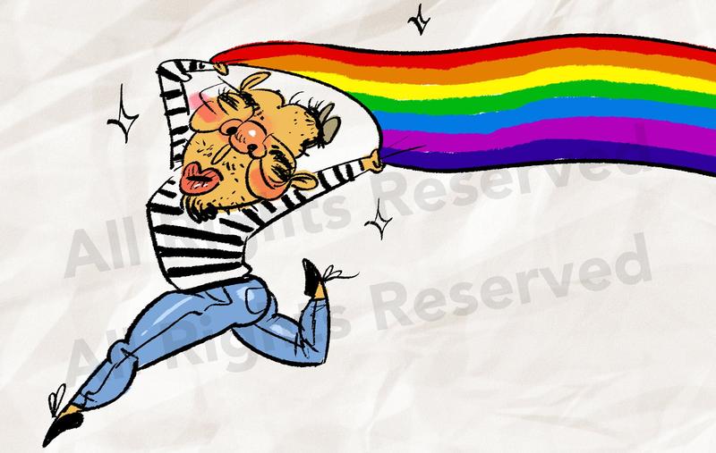 筆者揮舞彩虹旗。插畫由皮克斯員工Domee Shi繪製與提供