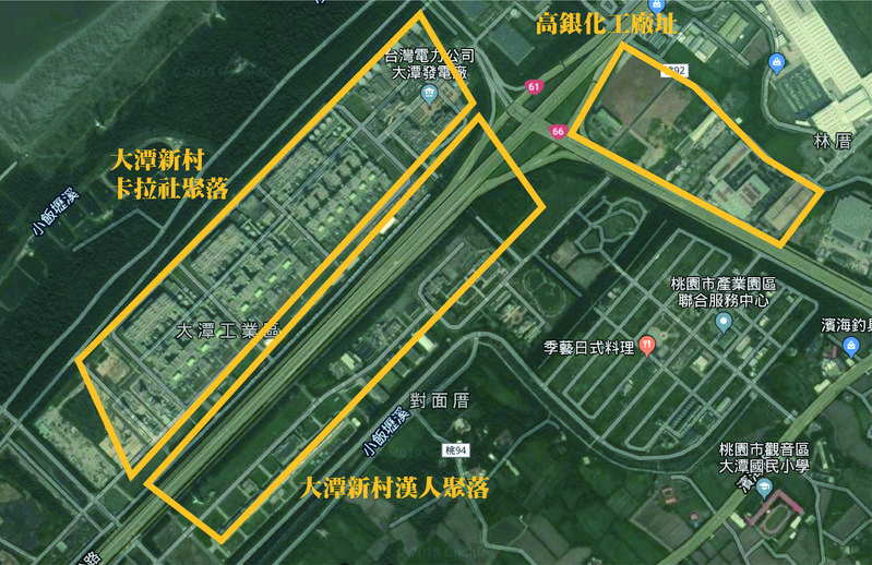 大潭新村業已成為61、64快速道路及發電廠與工業區。（製圖／王章逸）