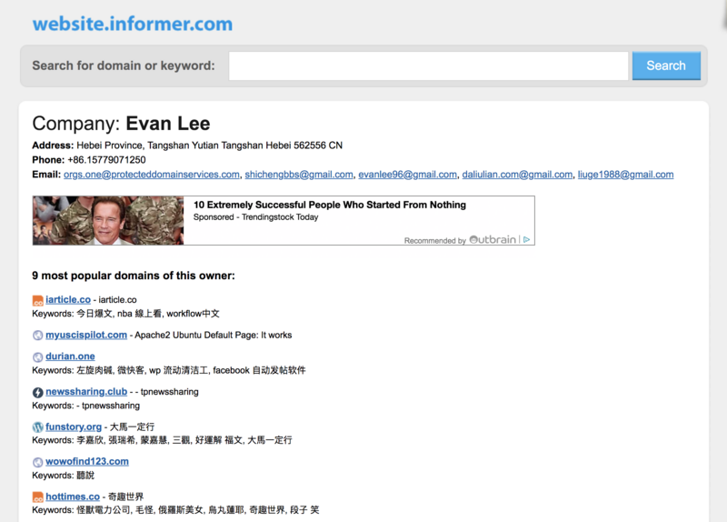 We did a search using Evan’s email on Website Informer and found other associated emails, which allowed us to pull back the curtain on his business operations. (Source: Website Informer webpage screenshot)