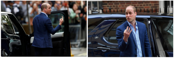 英國王子威廉受訪時比出「3」的手勢，從另一個角度看卻像是比中指。（圖片截自香港01新聞網站）