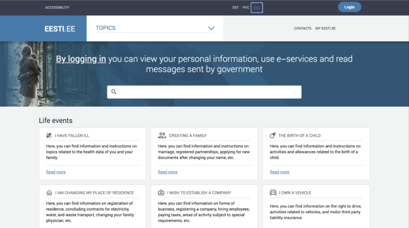 愛沙尼亞政府入口網站 Eesti.ee，使用者馬上接觸到從生活需求出發的服務分類，不用去各政府部門裡盲找。（圖片來源／Eesti.ee網站截圖）