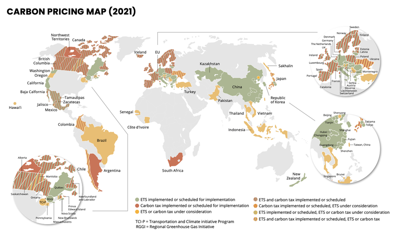 根據世界銀行（World Bank）報告，截止2021年，世界上有64個國家或地區層級的碳定價機制，涵蓋了全球超過五分之一的碳排放。（圖片取自World Bank. 2021. State and Trends of Carbon Pricing 2021. Washington, DC: World Bank. © World Bank. License: CC BY 3.0 IGO.） 