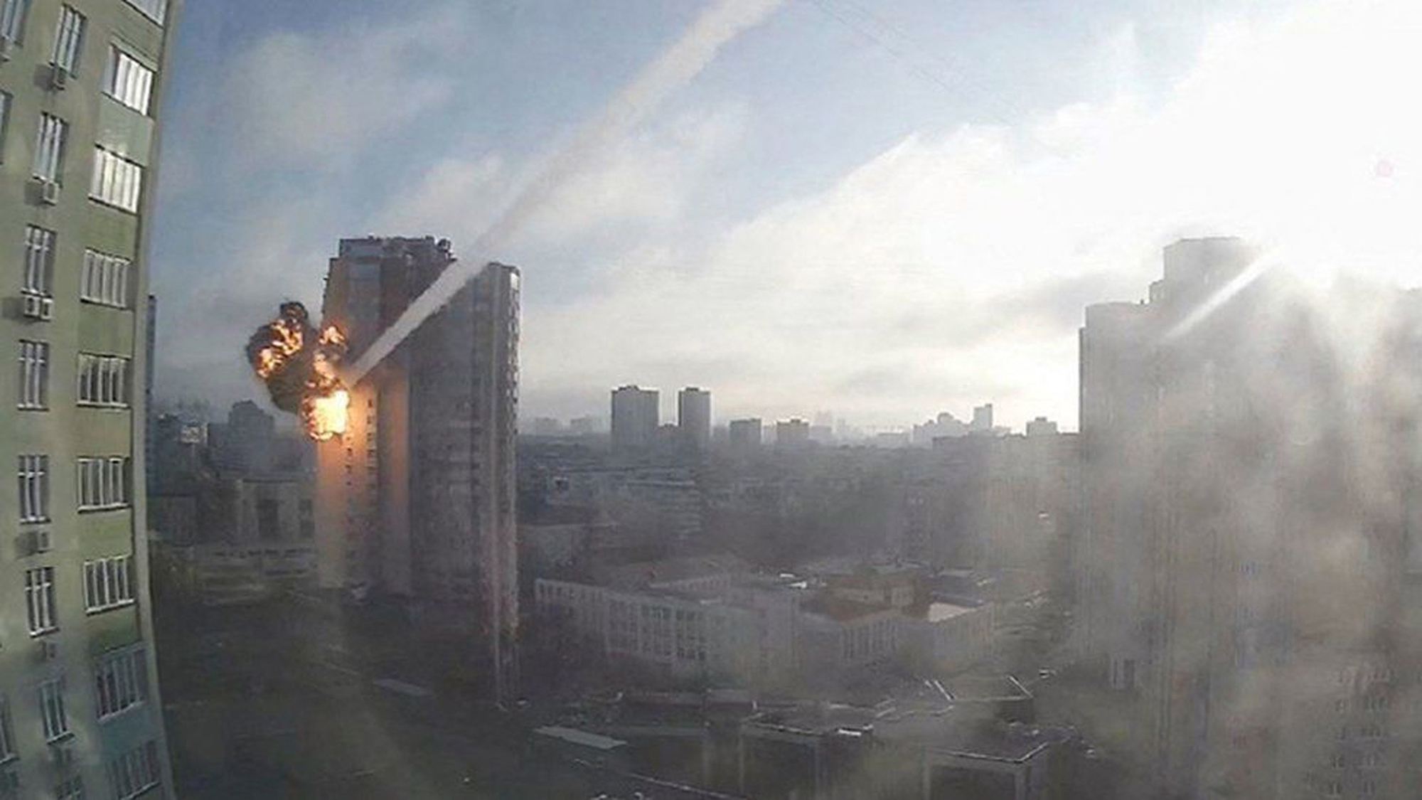 Image grab from a CCTV footage which captures Russia missile struck a high-rise apartment block overnight in Kyiv, capital of Ukraine, on Saturday Feb 26, 2022 as fighting rages between Russian and Ukrainian forces.