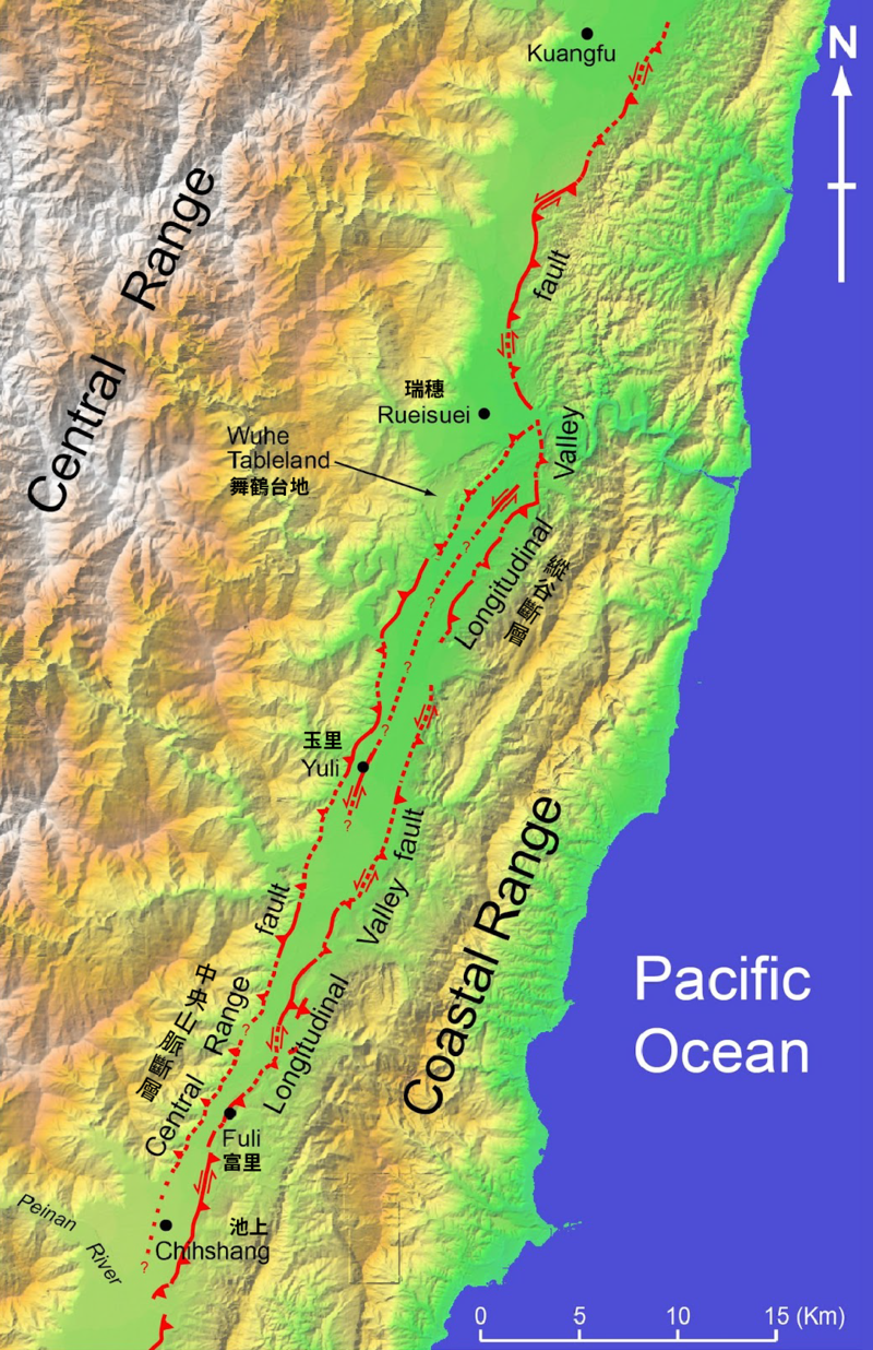 徐澔德2006年博士論文曾標示中央山脈斷層位置，最明顯的一段為瑞穗至池上。（圖片來源／《GSA Bulletin》期刊；經《報導者》後製處理）