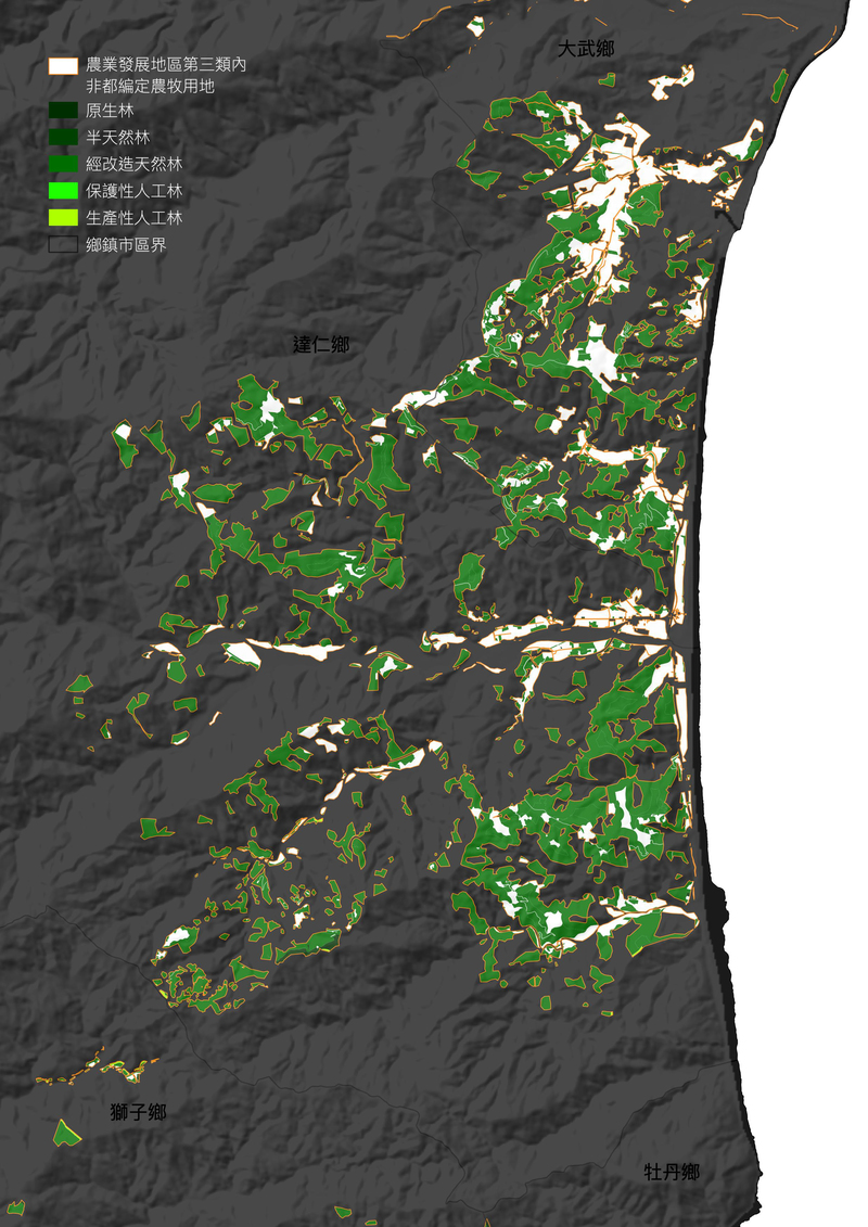 圖中綠色區域為台東安朔溪南北的農牧用地，現況多為森林，為根據第四次森林調查的資料所套疊，其中大部分是「經改造天然林」，值得關注。（圖表繪製／地球公民基金會）