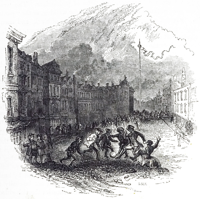 一幅19世紀的版畫，描繪了英國倫敦斯特蘭德街道上的足球比賽。（圖片來源／Universal Images Group via Getty Images／Universal History Archive）