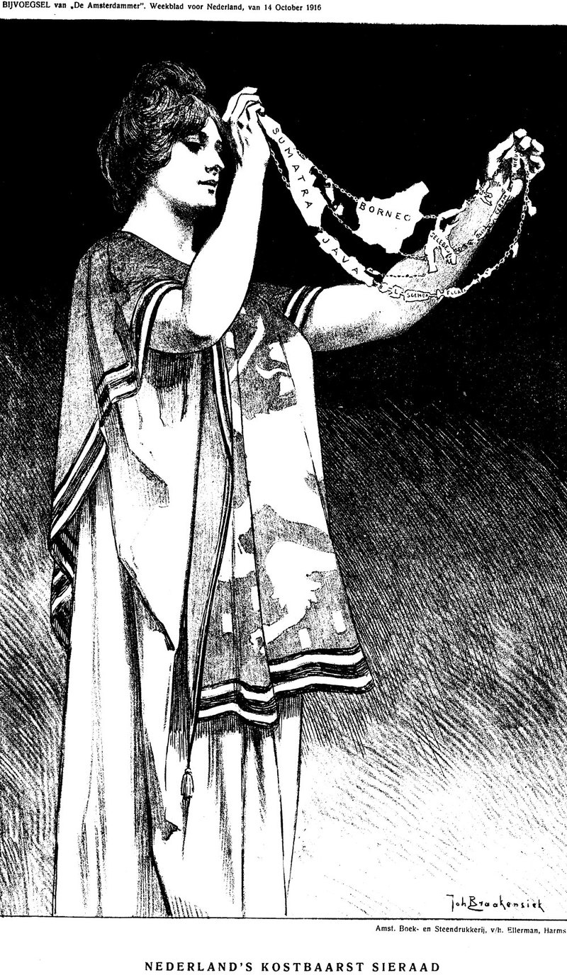 荷蘭也會用珍珠比喻其殖民地，比如約翰．布拉肯謝克在1916年的漫畫「荷蘭最珍貴的珠寶」，就描繪一個少女（荷蘭的化身）拿著一串珠寶（象徵荷屬東印度各島）。（圖片來源／Wikimedia Commons）