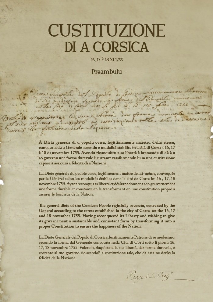 頒布於1755年的《科西嘉憲法》被認為是史上首部成文憲法。圖為該憲法的前言段落，翻譯成科西嘉文、法文、英文及義大利文。（圖片來源／Wikipedia）