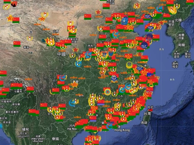 溫約瑟製作的「解放軍基地及設施」網路地圖，詳列解放軍各基地及其相關資訊。（圖片來源／網路截圖）