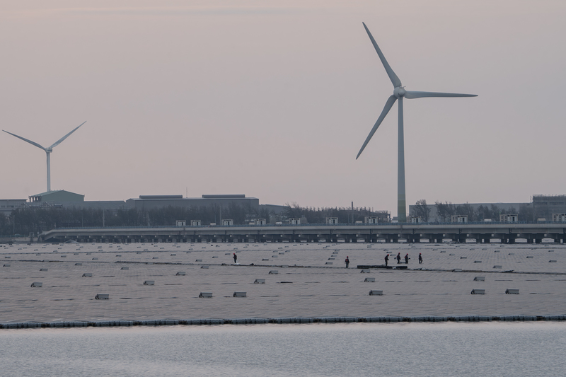 線西水道，維護太陽光電板的工程人員。（攝影／許震唐）