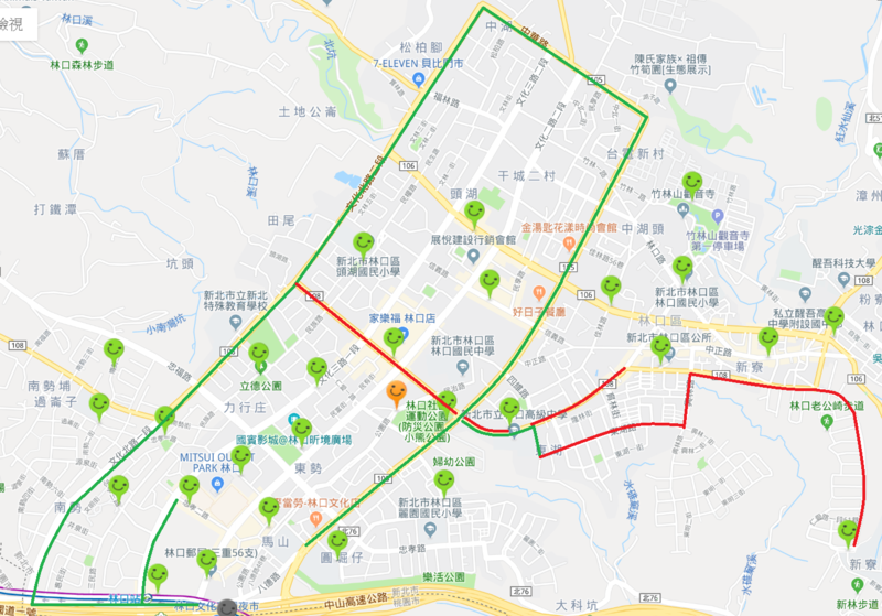 圖2：林口區腳踏車專用車道建設圖，紅色為自行車專用道，綠色為行人與自行車共用道。（圖片來源／林口區公所網站）