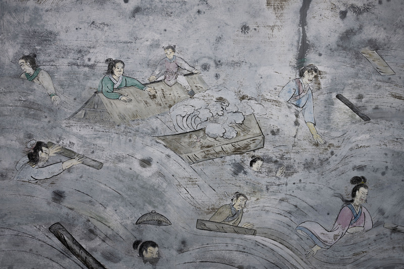 雲林縣下寮仔萬善爺廟的壁畫，描繪清朝道光25年（西元1845年）水災的場景。當時因嚴重暴潮與災後瘟疫肆虐，死亡人數上萬。（攝影／楊子磊）