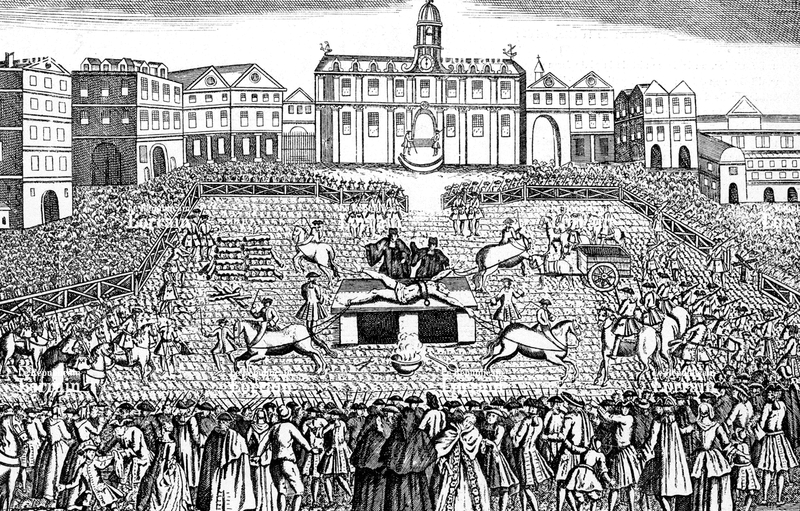 1757年，因試圖刺殺路易十五而被判分屍的羅伯特・弗朗索瓦・達米安（Robert-François Damiens），於現今的巴黎廣場上遭受處刑現場畫作。（圖片來源／公共版權／Wikimedia Commons）