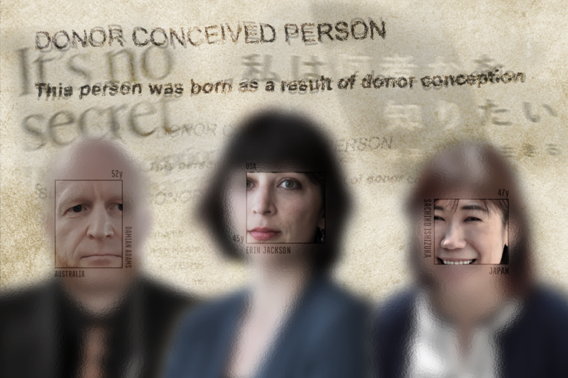 達米安．亞當斯（Damian Adams，左）、艾琳．傑克森（Erin Jackson，中）、石塚幸子（右）皆透過捐贈精子出生，他們歷時多年尋找生物學上的父親，喚起社會對精卵捐贈後代血緣認知權的重視，也讓有相同際遇的人不再感到孤單。（照片提供／Damian Adams、Erin Jackson、石塚幸子；設計／黃禹禛）
