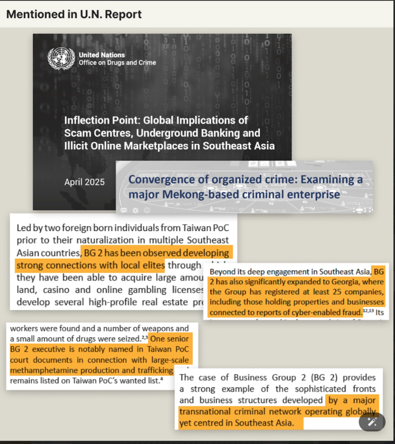 UNODC在2025年4月發布一份犯罪調查報告,報告內容點名一個代號為「BG 2」的犯罪集團,在博弈、網路詐欺以及大規模毒品走私等多個犯罪領域有「廣泛的參與和利益」。參與報告的成員告訴調查團隊,「BG 2」正是利鑫集團。(圖片來源/James O'Brien/OCCRP)