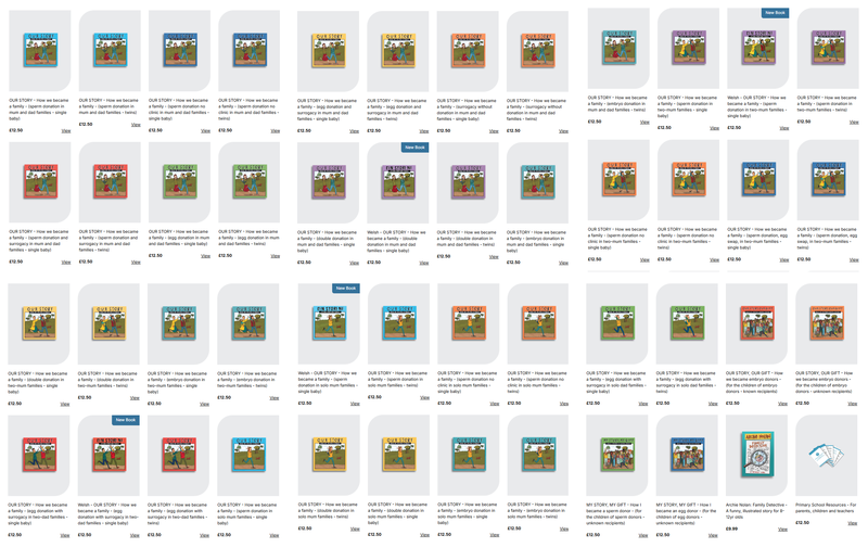 DCN出版的身世告知繪本《我們的故事:我們如何成為家人》(Our Story: How We Became a Family),依據同性、異性、單親家庭以及受贈卵子/精子等不同條件組合而編繪的各種版本。(圖片來源/DCN網頁畫面擷取組成)