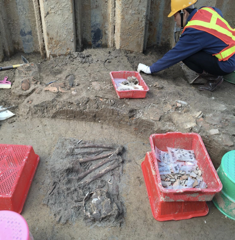 2016年3月,於台北捷運萬大線工程底下的植物園遺址,在國語實小一側的考古現場出土一具罕見人骨。(圖片提供/邱鴻霖)