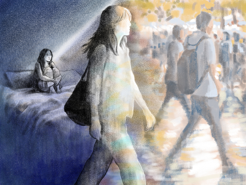 對當事人而言，親密關係裡的性暴力認定時常模糊而困難。受訪者告訴我們，「事情」發生後，自己雖然仍能「正常」生活，一部分的自己卻停留在那一刻，動彈不得。（插畫／陳靖宜）