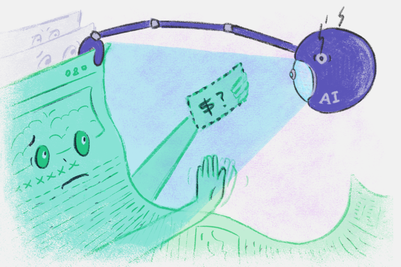面對國際AI開發商,台灣內容產業往往難以取得補償或回報,卻也難以拒絕資料爬取。(插畫/黃禹禛)