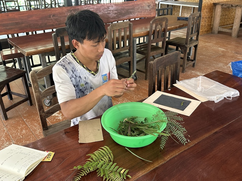 La Khun在為展覽的主題挑選在地的植物葉,最後拼成「日子」進行藍曬。(攝影/許𦱀倩)