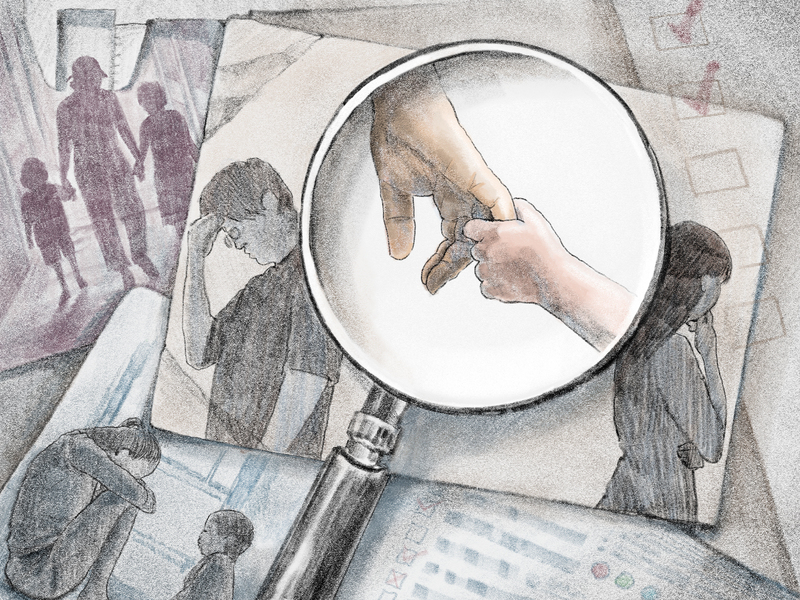 即便有了表單與報告格式，要如何從方方面面釐清親職能力和支持系統，做出留養或出養，牽動孩子一生的判斷？仍有待知能培力與經驗累積。（插畫／陳靖宜）