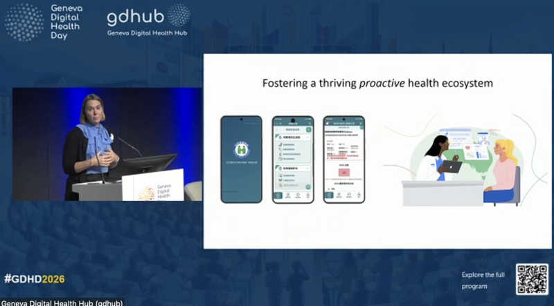 日內瓦數位健康日以「全球政策中的數位健康」（Digital Health meets Global Policy）為核心。Google DeepMind影響力總監波拉德（Catherine Pollard）於主題演講中，將台灣健保署與Google的糖尿病AI合作列為案例。（圖片來源／GDHD 直播截圖）
